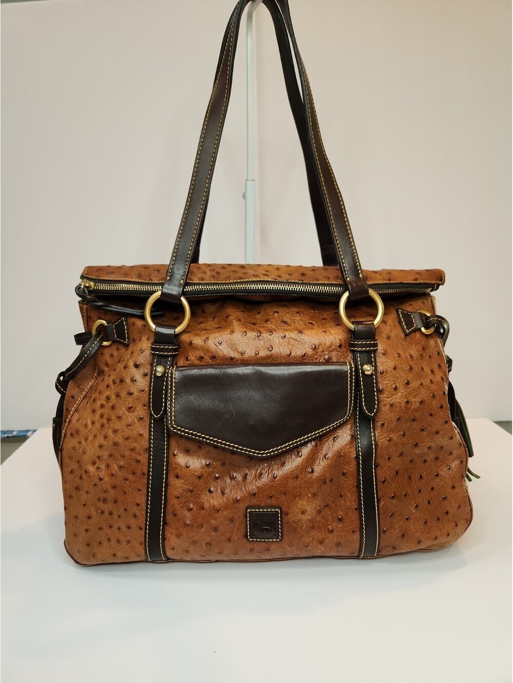 Dooney & Bourke Ostrich Embossed Leather Satchel Tote Bag Brown Tassel XL J44005